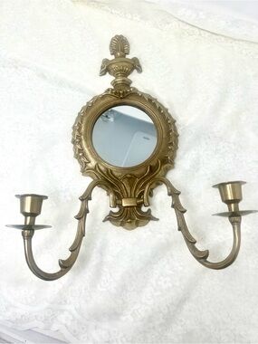 Set of 2 Vintage Ornate Brass Wall Mirror Sconce with Dual Candle Holders